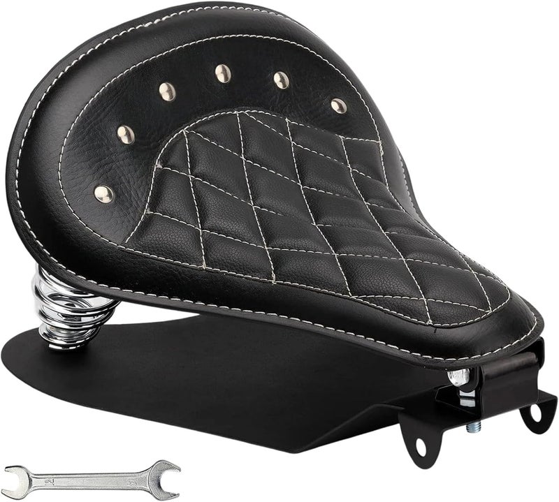 DgNeLai Motorcycle Solo Drive Seat Black Rhombus Leather Bobber Cushion with Mounting Seatbase Spring Bracket Kit Replacement for Harley Davidson Sportster XL 1200 883 48 Chopper Custom - Image 1